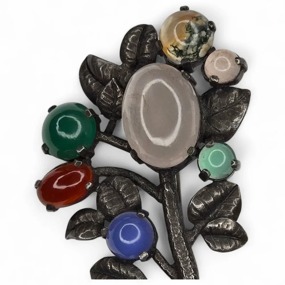T.M. & Co. Flower Brooch Sterling Silver Multi Gemstone 1963 Vintage Hallmark